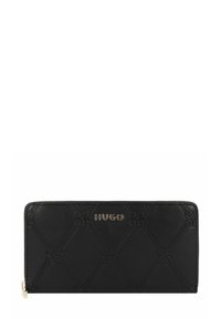 Portafoglio in pelle nera con motivo a diamante impresso, logo in tonalità oro, chiusura con zip e dettagli in superficie testurizzati. Design slim per una facile portabilità.