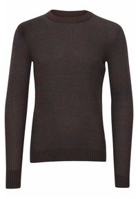 Knitted sweater in dark brown with subtle blue and rust pattern. Features a crew neckline and long sleeves with ribbed cuffs and hem.