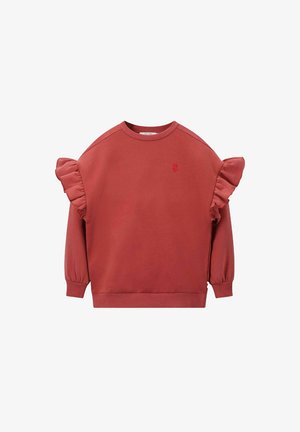 Rotes Sweatshirt mit Rüschenakzenten an den Schultern, rundem Halsausschnitt, langen Ärmeln, gerippten Bündchen und einem kleinen, gestickten Logo auf der Brust.