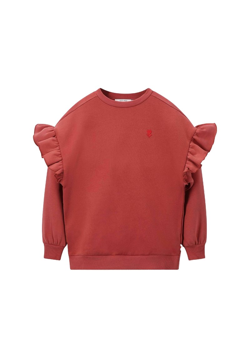 Rode sweatshirt met gerimpelde schoudernaden, ronde halslijn, lange mouwen, geribbelde manchetten en een klein geborduurd logo op de borst.