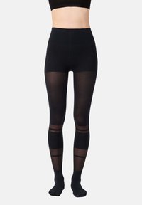 Schwarze hochgeschnittene Leggings mit undurchsichtigen und durchsichtigen Einsätzen. Mit horizontalen durchsichtigen Streifen in der Mitte der Waden. Weicher, elastischer Stoff.