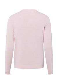 Pull rose clair à manches longues avec un col rond. Présente une texture lisse et des poignets et un ourlet côtelés. Sans motifs ni ornements.