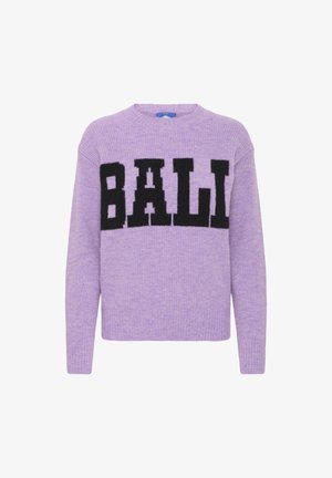Pulover violet cu guler rotund, având imprimeu îndrăzneț "BALI" în partea din față. Material tricotat texturat și croială lejeră.