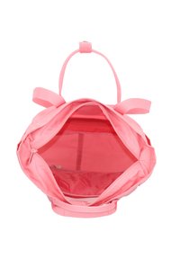 Vaaleanpunaisen kankaan reppu, jonka sisällä on tilava pääosasto vetoketjulla, sileä rakenne ja sisätasku.