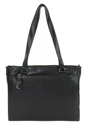 Black leather tote bag with two long handles, zippered closure, and exterior pocket. Smooth texture and minimalist design.