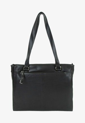 Black leather tote bag with two long handles, zippered closure, and exterior pocket. Smooth texture and minimalist design.