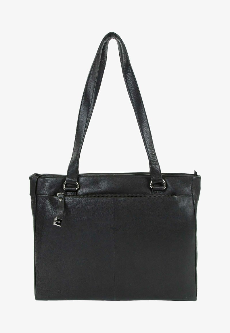 Schwarze Leder-Umhängetasche mit zwei langen Henkeln, Reißverschluss und Außentasche. Glatte Textur und minimalistisches Design.