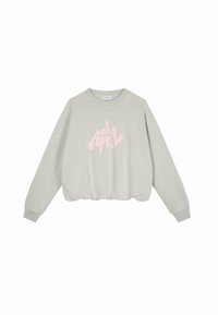 Sudadera gris corta hecha de tela suave. Presenta mangas largas y un gráfico rosa de "oh April" en el frente. Puños y dobladillo acanalados.