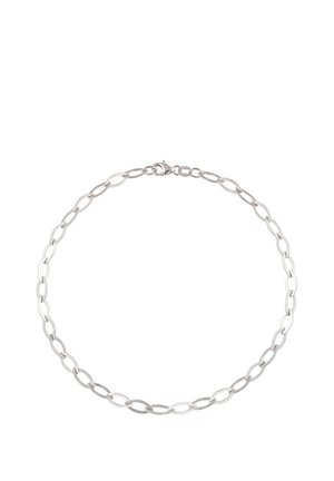 Silver chain necklace with oval links and a lobster claw clasp on a white background.