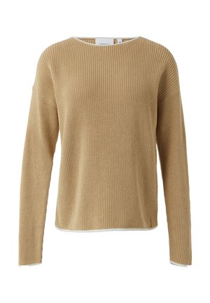 Kahakifarbener Strickpullover mit Rundhalsausschnitt, langen Ärmeln, gerippter Textur und weißem Besatz am Saum und an den Bündchen. Lässiger Schnitt.