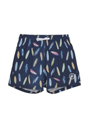 Pantaloncini da bagno navy con motivo multicolore di tavole da surf, cintura elastica e lacci bianchi. Dettaglio del logo sul lato inferiore destro.