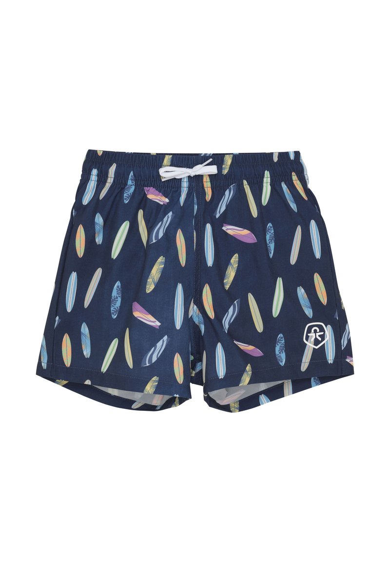 Mörkblå simshorts med flerfärgad surfbrädemönster, elastisk midjeband och vit dragsko. Logotypdetalj på nedre högra sidan.