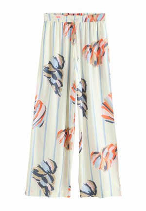 Lightweight, wide-leg trousers in cream with multicolored floral patterns and light blue stripes. Features an elastic waistband with drawstring.