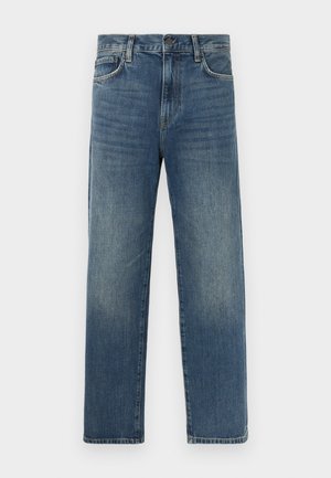 Denimjeans i mellomblå vask, med rette ben, femlommers design, beltehemper og metallknapp.