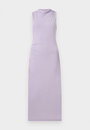 Sleeveless, floor-length lavender dress with a high neckline and subtle gathered detail on the left side.