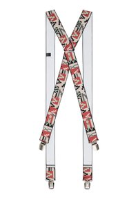 X-vormige bretels met een gestreept patroon in rood, zwart, groen en beige, voorzien van zilveren metalen clips en witte randen.