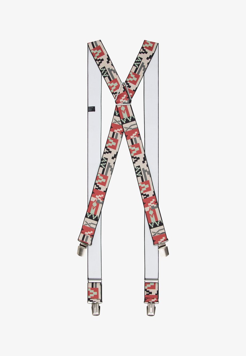 X-vormige bretels met een gestreept patroon in rood, zwart, groen en beige, voorzien van zilveren metalen clips en witte randen.