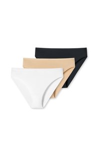 Tři páry dámského spodního prádla: jeden bílý, jeden béžový a jeden černý. Vyrobené z měkké, pružné látky s jednoduchým, bezšvovým designem.