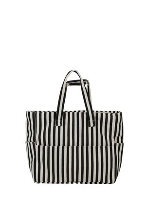 Schwarze und weiße, vertikal gestreifte Tragetasche mit zwei Griffen und einem geräumigen Hauptfach, aufrecht stehend vor weißem Hintergrund.