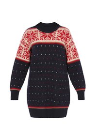 Maglione lavorato a maglia con un corpo blu navy, motivo fair isle crema e rosso nella parte superiore e piccole macchie multicolori. Collo e polsini a coste.