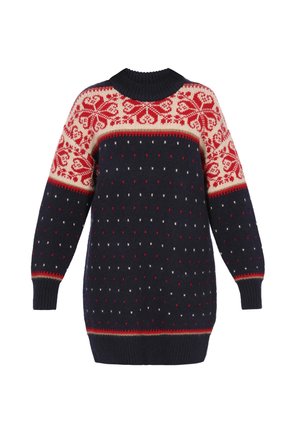 Strikket sweater med en marineblå krop, krémfarvet og rød fair isle mønster øverst, samt små flerfarvede prikker. Ribbet halsudskæring og manchetter.