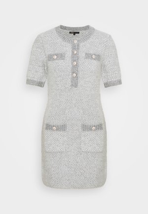 Short-sleeve gray textured knit dress with round neckline, button placket, and four buttoned flap pockets on front.