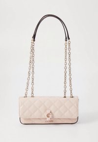 Pink quilted handbag with a silver chain strap, featuring a logo clasp and black accents at the bottom. Smooth leather texture, rectangular shape.