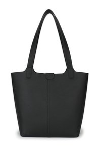 Black leather tote bag with textured surface. Features two long handles and a simple closure at the top. Rectangular shape.