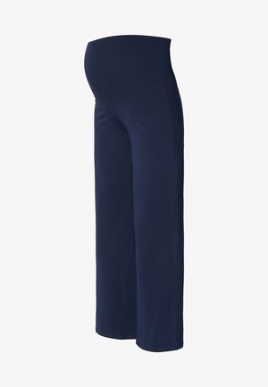 Maternity pants in navy blue, made of soft, stretchy fabric. Features a wide, supportive waistband and a loose, flowing fit.