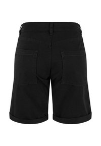 Shorts décontractés noirs avec ourlets roulés et deux grandes poches arrière carrées, vus de dos sur fond blanc.