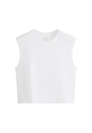 White sleeveless cropped top with round neckline, plain design, and soft fabric, displayed on a white background.