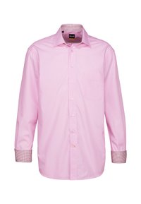 Camicia a maniche lunghe rosa chiaro con chiusura a bottoni, taschino sul petto e polsini a fantasia. Realizzata in tessuto liscio e testurizzato.