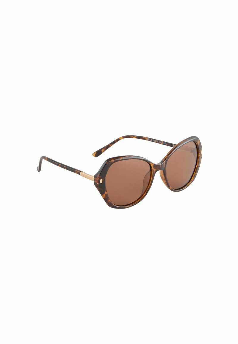 Lunettes de soleil écaille de tortue brunes avec un design audacieux et angulaire. Dotées de verres marron et d'accents dorés sur la monture. Matériau plastique léger.