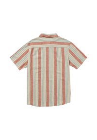 Chemise à manches courtes en tissu léger présentant des rayures verticales corail, menthe et crème. Avec un col et une coupe droite.