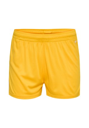 Gule atletiske shorts med elastisk talje, glat tekstur og et lille logo på højre side. Ingen mønstre eller yderligere detaljer.