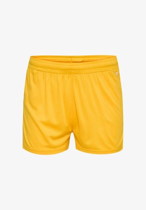 Shorts de sport jaunes avec une taille élastique, texture lisse et un petit logo sur le côté droit. Pas de motifs ni de détails supplémentaires.