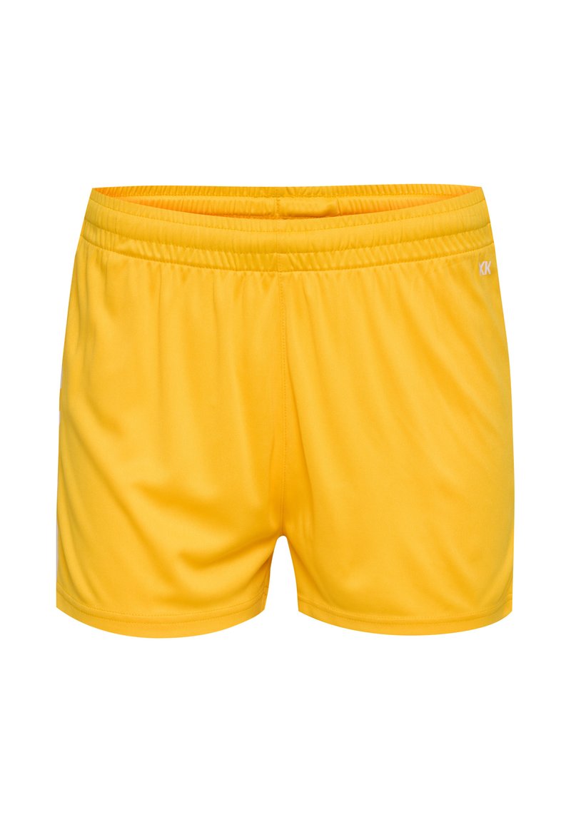 Shorts deportivos amarillos con una cintura elástica, textura suave y un pequeño logo en el lado derecho. Sin patrones ni detalles adicionales.