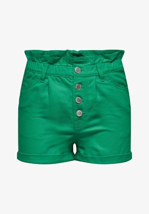 Green cotton shorts with a high waistband, featuring five metallic snap buttons, two front pockets, and rolled hem edges.