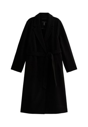 Cappotto lungo nero in tessuto liscio, caratterizzato da un colletto a punte, vita con cintura e maniche lunghe. Design semplice senza motivi.