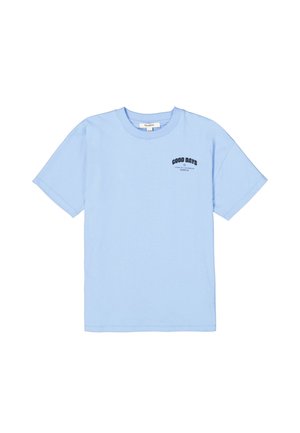 T-shirt en coton bleu clair avec des manches courtes, encolure ronde, et texte noir "GOOD DAYS" imprimé sur la poitrine. Design simple, sans motifs.