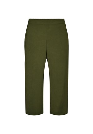 Oliwkowe spodnie o krótkiej długości z prostymi nogawkami i elastyczną talią, wykonane z fakturowanego materiału.