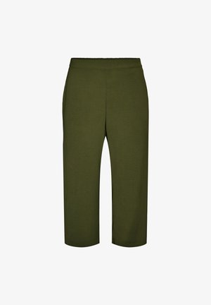 Pantaloni corti verde oliva con gambe dritte e vita elastica, realizzati in tessuto strutturato.