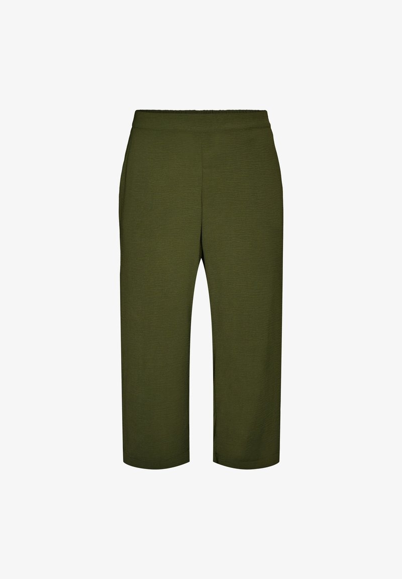 Pantaloni corti verde oliva con gambe dritte e vita elastica, realizzati in tessuto strutturato.
