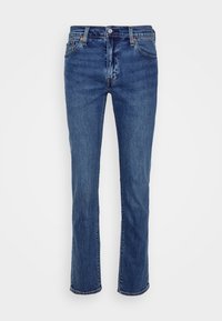 Mörkblå denimjeans med rak bendesign, med en knapp- och dragkedjestängning, fem fickor och kontrasterande sömnadsdetaljer.