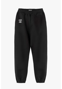 Zwarte trainingsbroek met een elastische tailleband en boorden. Voorzien van witte bedrukte tekst op de linker dij en een gladde, zachte textuur.