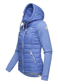 Blue jacket featuring a quilted front, soft sleeves, adjustable hood, and zippered pockets. Material combines insulated and smooth textures.