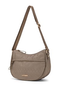Borsa a spalla taupe con trama, tracolla regolabile, tasca frontale con cerniera e logo dorato "Laura Biagiotti".