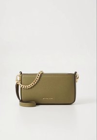 Olive green leather crossbody bag with gold chain strap, zip closure, and logo detail on the front. Smooth texture and rectangular shape.