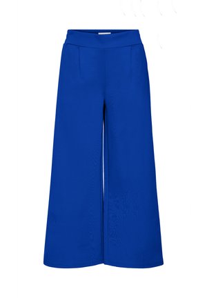 Pantaloni a gamba larga color blu reale con vita alta e pieghe, mostrati su uno sfondo bianco.