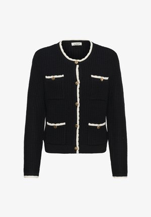 Zwarte gebreide cardigan met crèmekleurige rand, met twee borstzakken, gouden knopen en een ronde halslijn. Textuurstof overal.